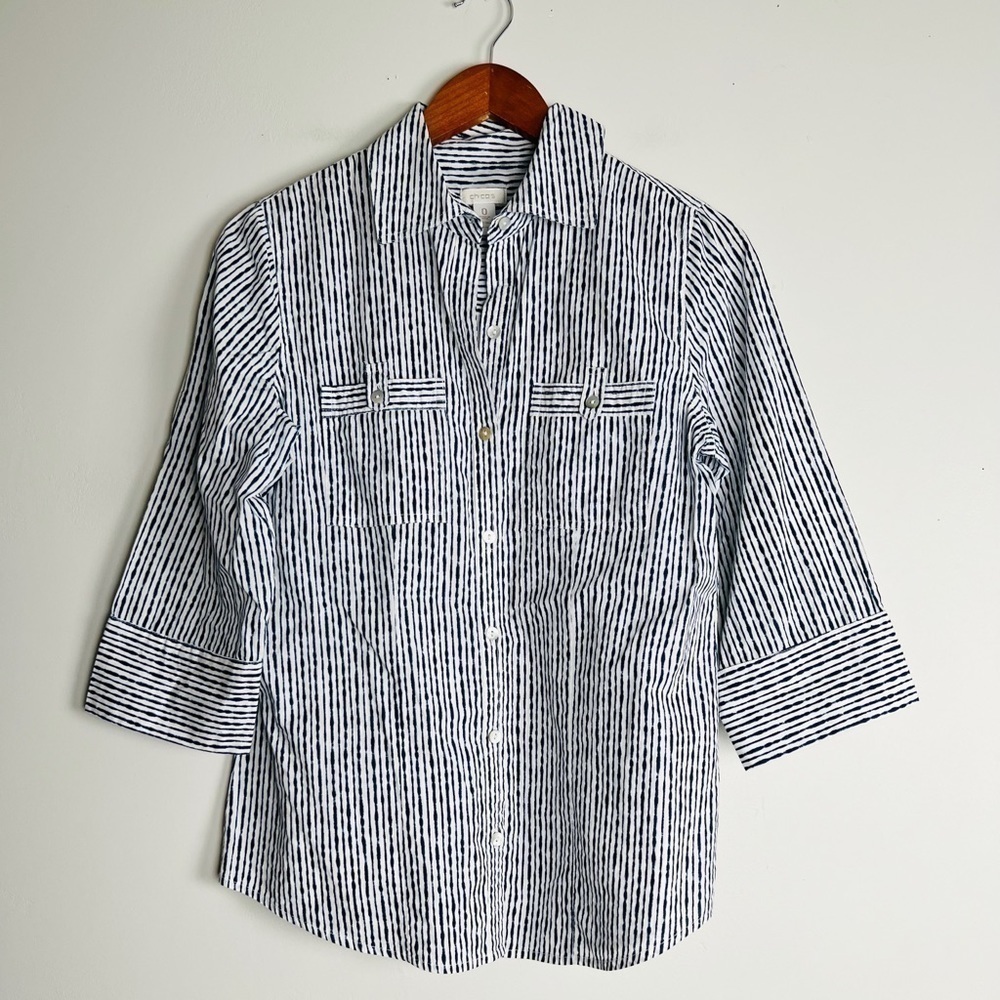 Chico’s Striped 3/4 Sleeve Collar Button-Down Top